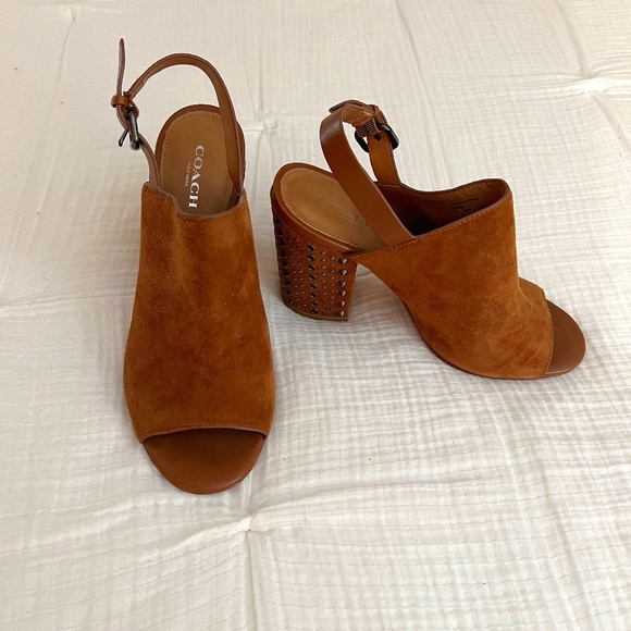 Coach Drew Lux Studded Spiked Open toe Shoes Brown Suede Heels Size 7 - Picture 1 of 4